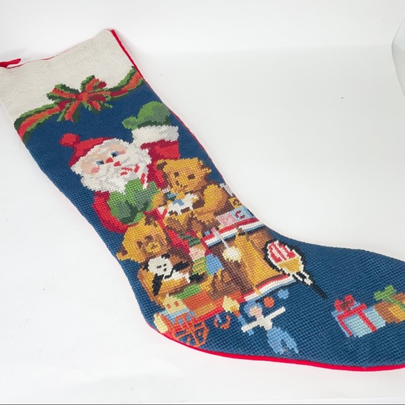 Vintage Christmas Stocking Santa Wool Needlepoint Cotton Backing - Picture 4 of 13
